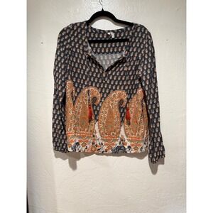 Element Eden Womens Boho Paisley Tassel Blouse Navy Orange Rayon Top M J542DCED